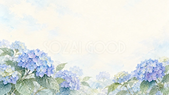 紫陽花と晴れ間の余白・横長の背景