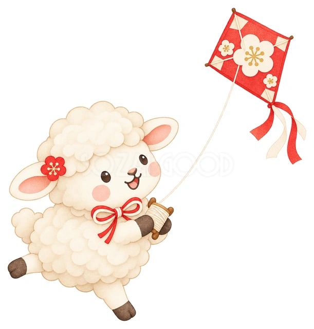 凧揚げする羊の水彩イラスト