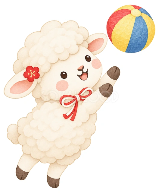 紙風船で遊ぶ羊の水彩イラスト