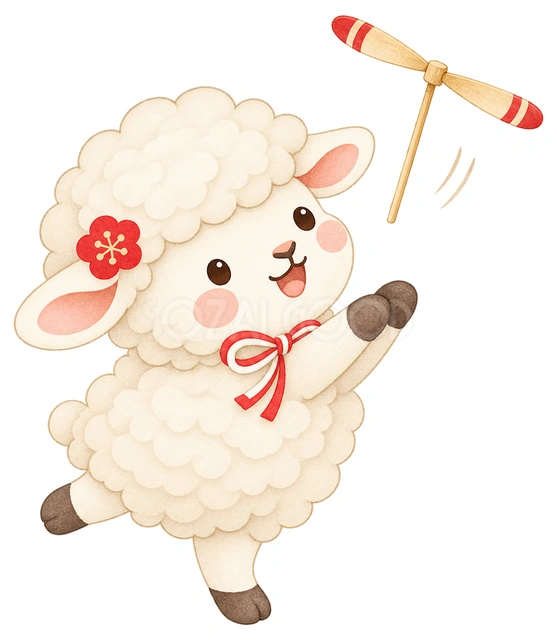 竹とんぼで遊ぶ羊の水彩イラスト