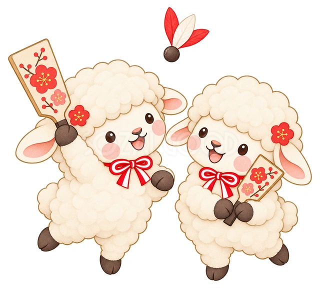 羽根つきする羊2匹の水彩イラスト