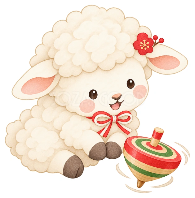 こまを見つめる子羊の水彩イラスト
