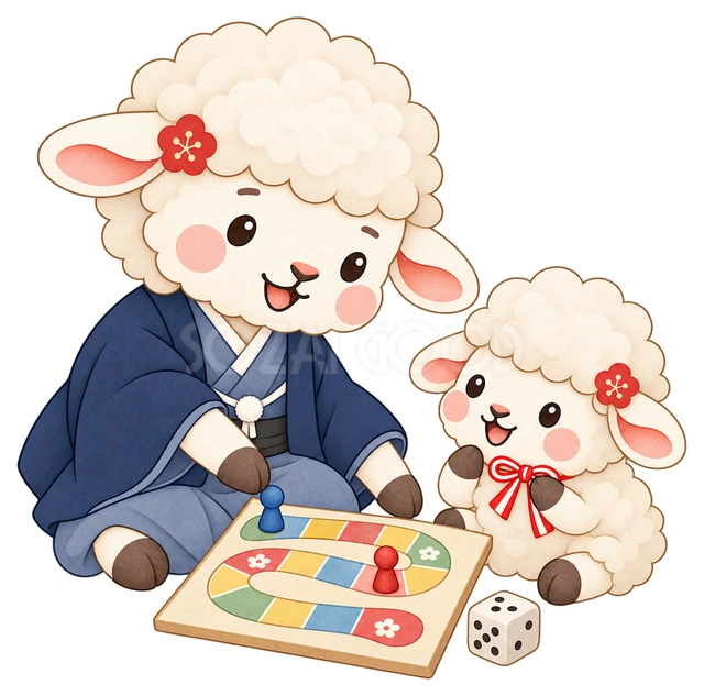 すごろくをする羊親子の水彩イラスト
