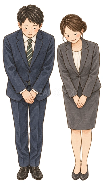 男女社員の年末挨拶の水彩イラスト