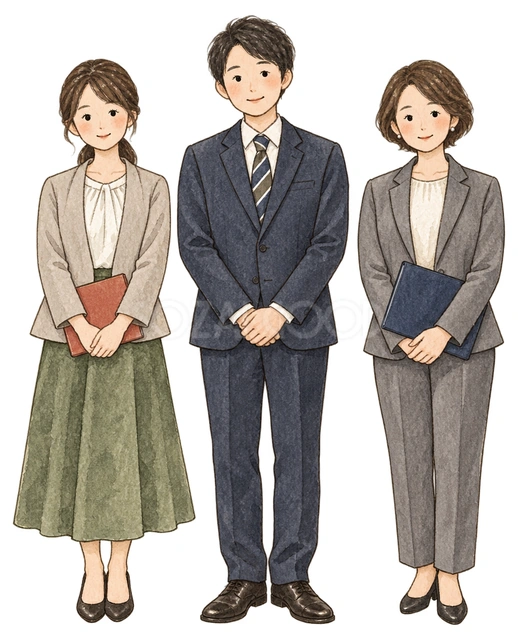 社員三人の感謝のご挨拶の水彩イラスト