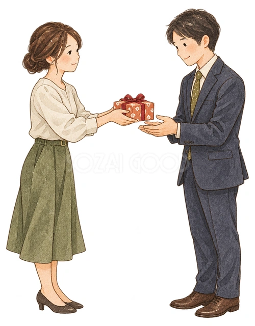 贈り物を渡す社員二人の水彩イラスト