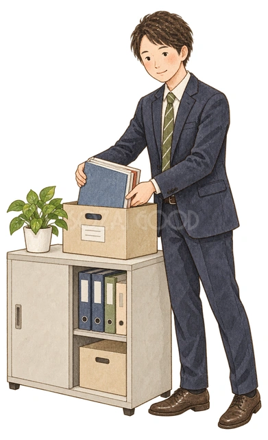 書類をまとめる男性社員の水彩イラスト