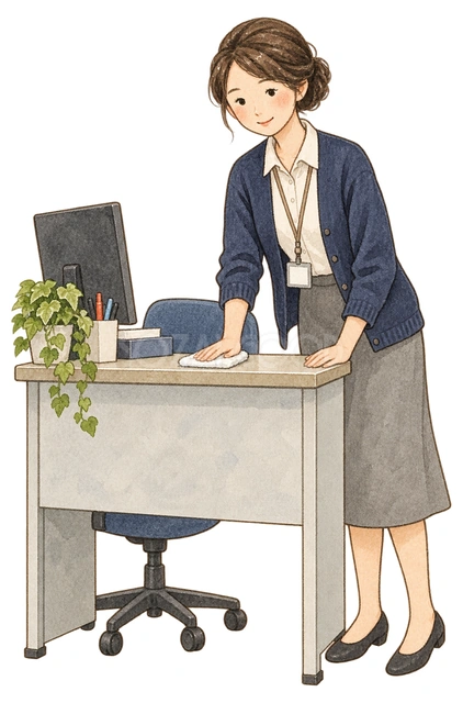 机を拭く女性社員の水彩イラスト