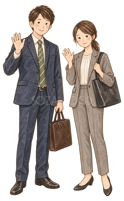 一年の仕事を終えた社員二人の水彩イラスト