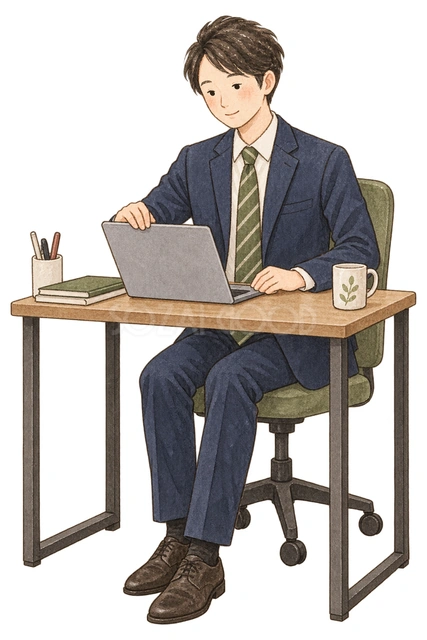 パソコンを閉じる男性社員の水彩イラスト