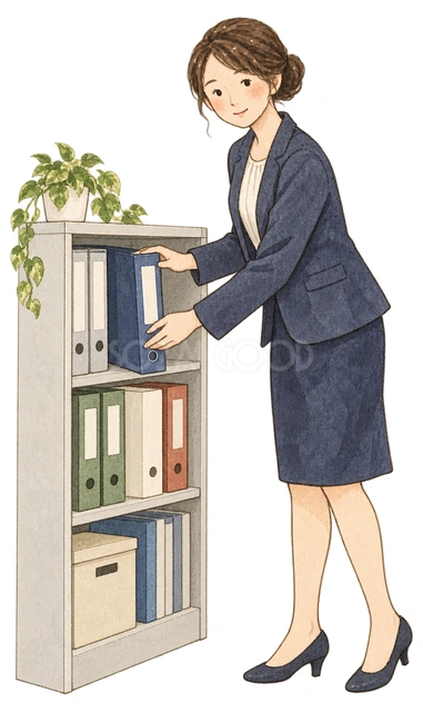 書類棚を整理する女性社員の水彩イラスト