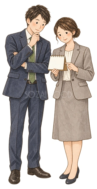 カレンダーを確認する社員二人の水彩イラスト