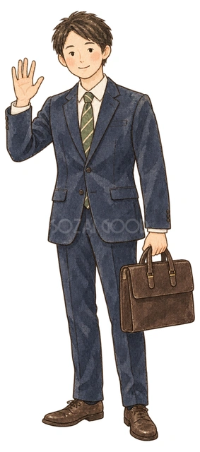 同僚に挨拶して帰る男性の水彩イラスト