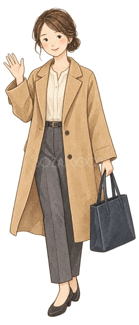 コートを着て帰る女性社員の水彩イラスト