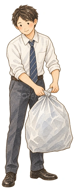 ごみをまとめる男性社員の水彩イラスト