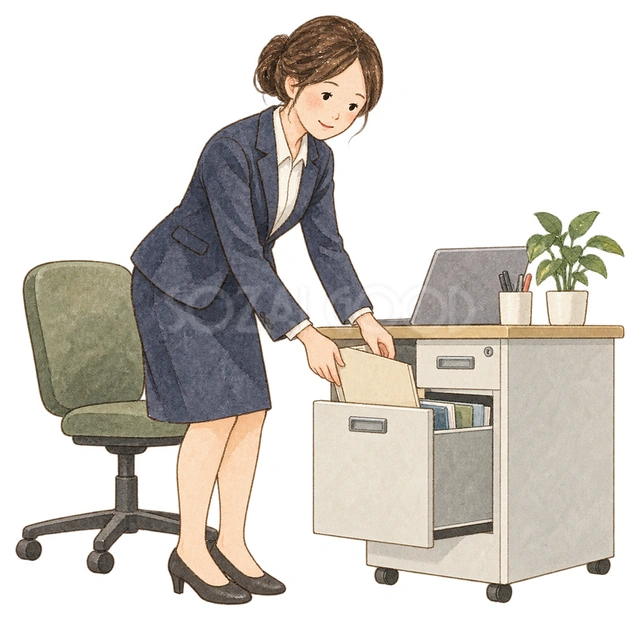 机の引き出しを片づける女性の水彩イラスト