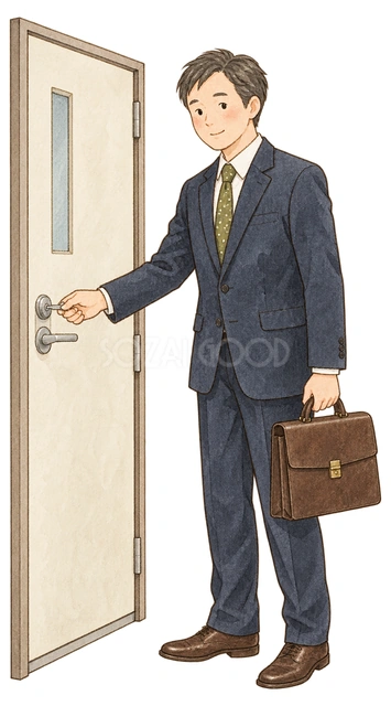 戸締まりを確認する社員の水彩イラスト