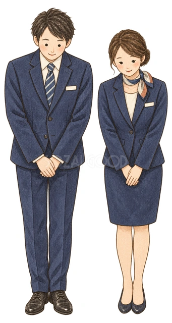ご挨拶する制服スタッフ二人の水彩イラスト