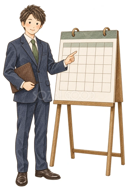 カレンダーを指す男性社員の水彩イラスト