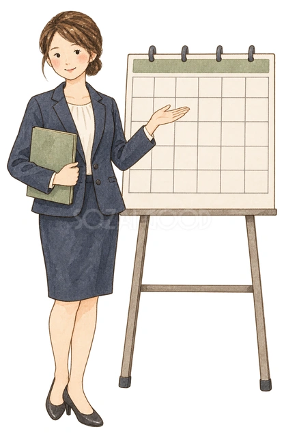 カレンダーを指す女性社員の水彩イラスト