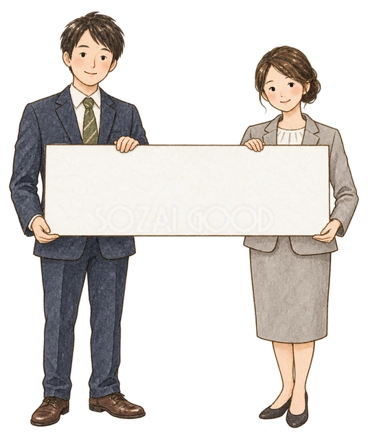 休業案内を掲げる社員二人の水彩イラスト