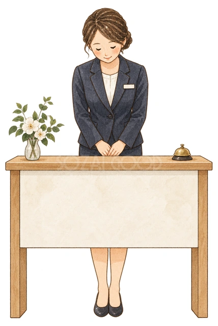 受付でお辞儀する女性の水彩イラスト