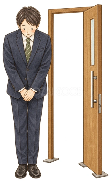 入口でお辞儀する男性の水彩イラスト