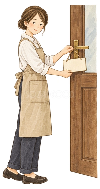休業札を掛ける店員の水彩イラスト