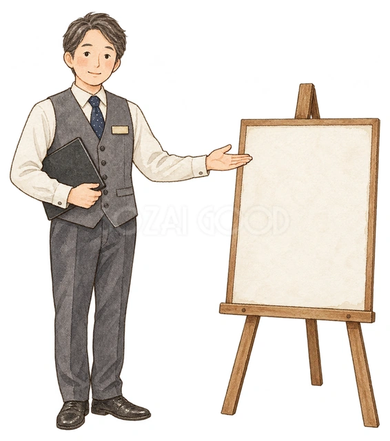 営業日を案内する受付男性の水彩イラスト