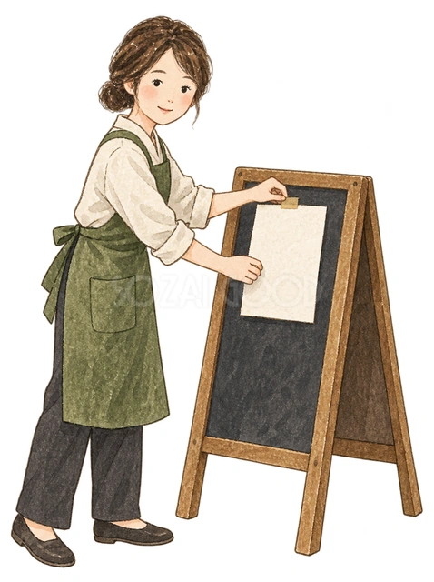 案内を貼る女性スタッフの水彩イラスト