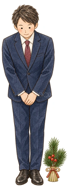 新年のお辞儀をする男性の水彩イラスト