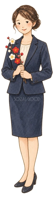 梅の小枝を持つ女性社員の水彩イラスト