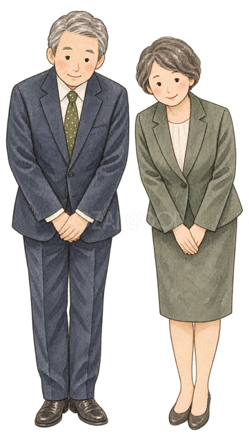 新年の挨拶をするシニア男女の水彩イラスト