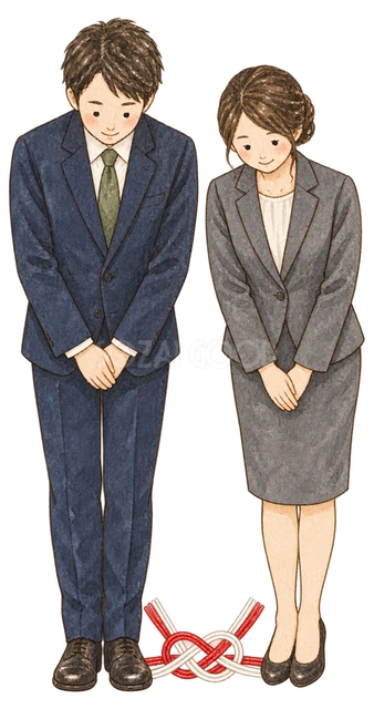 男女社員の新年挨拶の水彩イラスト