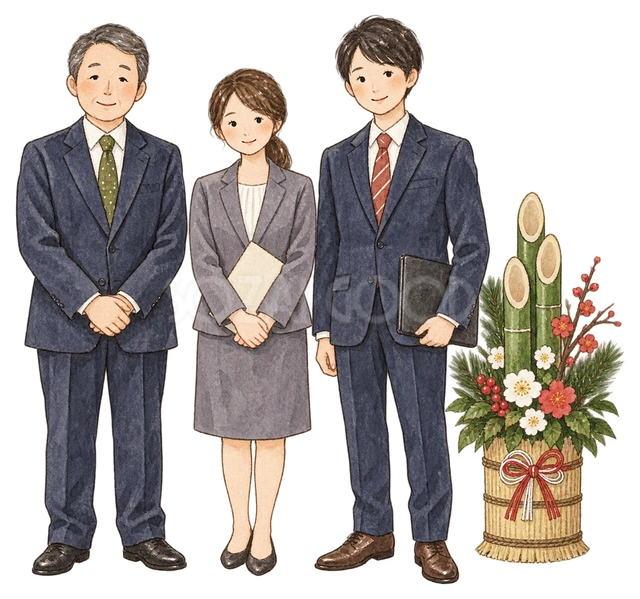 社員三人の迎春挨拶の水彩イラスト