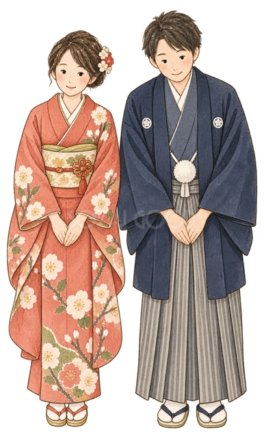 和装の男女の迎春挨拶の水彩イラスト