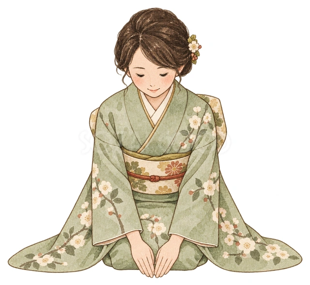 正座でご挨拶する女性の水彩イラスト