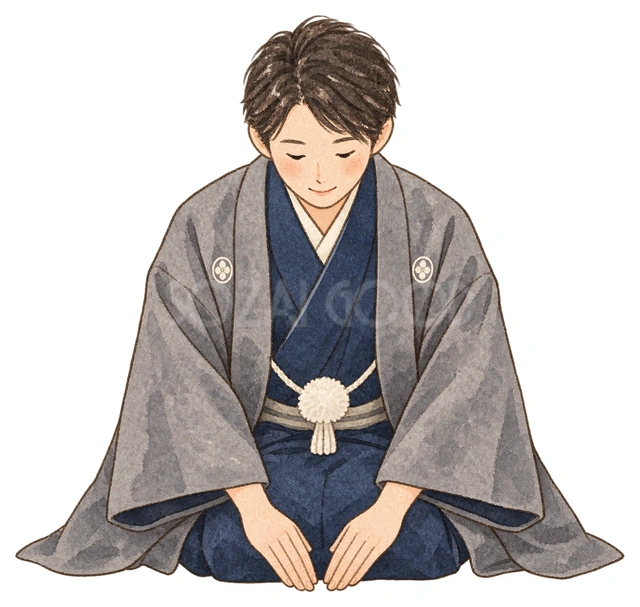 正座でご挨拶する男性の水彩イラスト