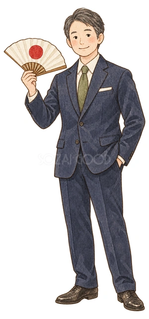 迎春の扇を持つ男性社員の水彩イラスト