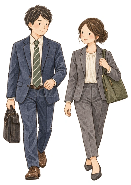 新年のスタートを切る社員二人の水彩イラスト