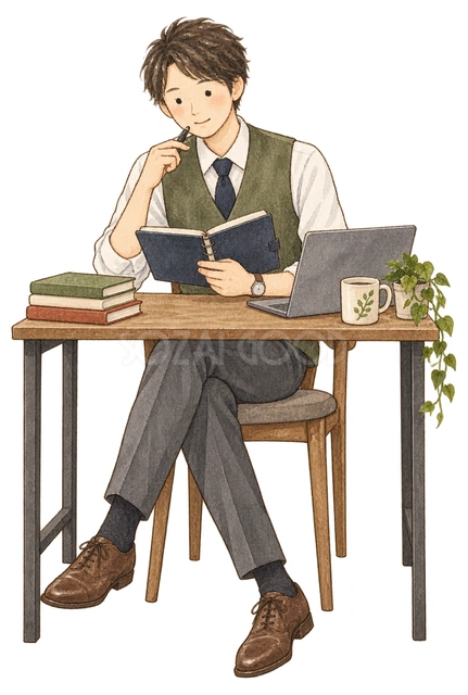 新年の予定を確認する男性の水彩イラスト