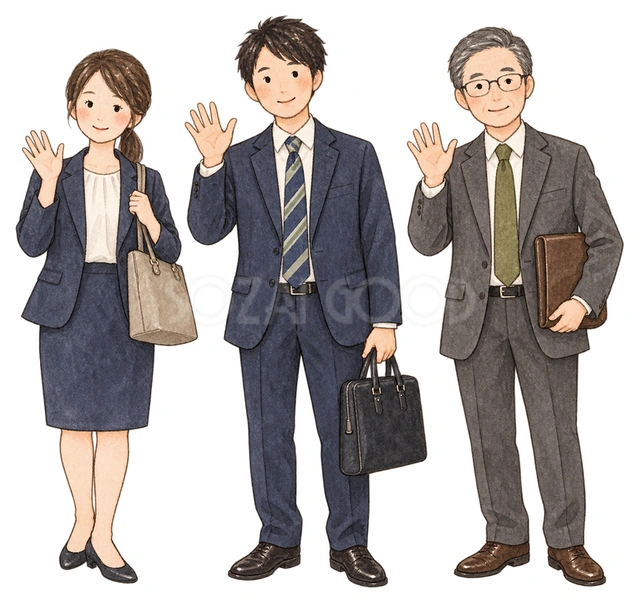 仕事始めの社員三人の水彩イラスト
