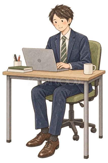 パソコンで仕事を始める男性の水彩イラスト