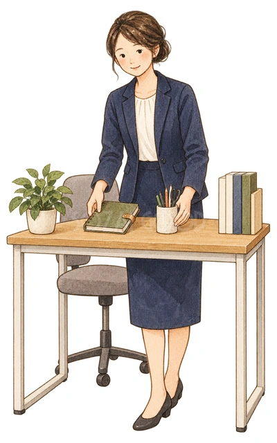 机を整える女性社員の水彩イラスト