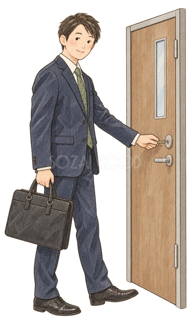 入口の鍵を開ける男性社員の水彩イラスト
