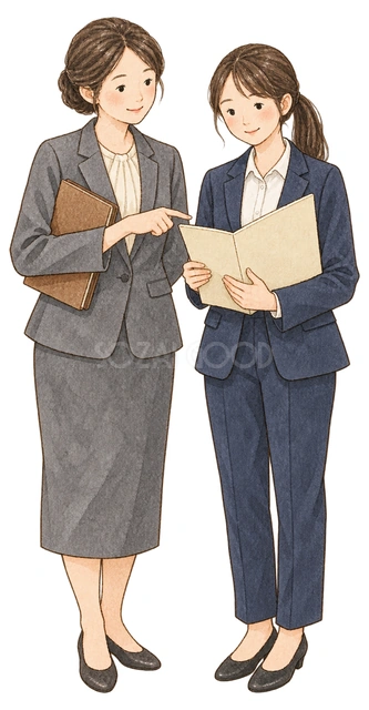 新人を支える先輩社員の水彩イラスト