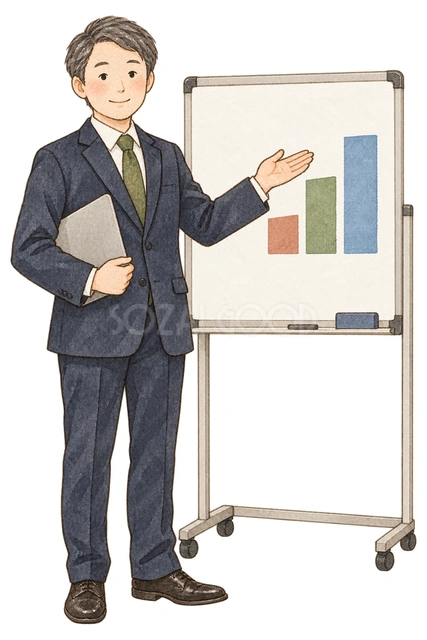 計画を説明する男性リーダーの水彩イラスト