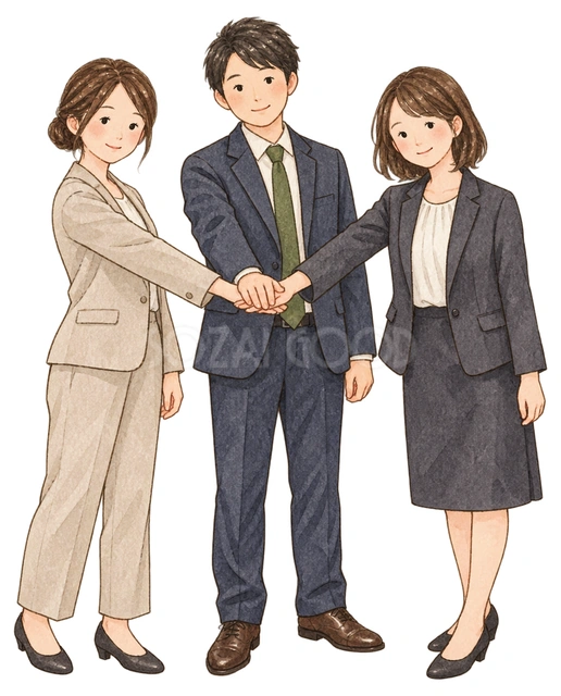 手を重ねるチーム三人の水彩イラスト