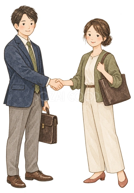 握手する男女社員の水彩イラスト