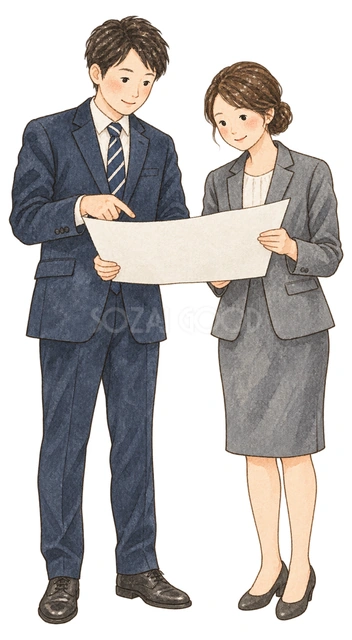 アイデアを相談する社員二人の水彩イラスト